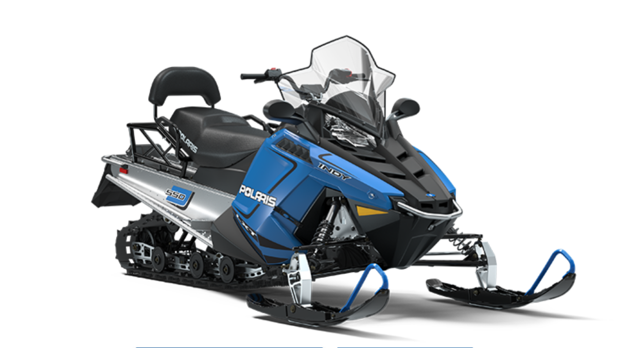 Blue and black snowmobile with windshield and handlebars on white background.